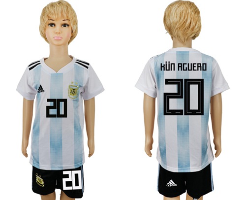 Argentina #20 Kun Aguero Home Kid Soccer Country Jersey